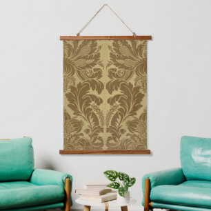 Tapisserie Suspendue Brocard de Damas floral doré moutarde vintage