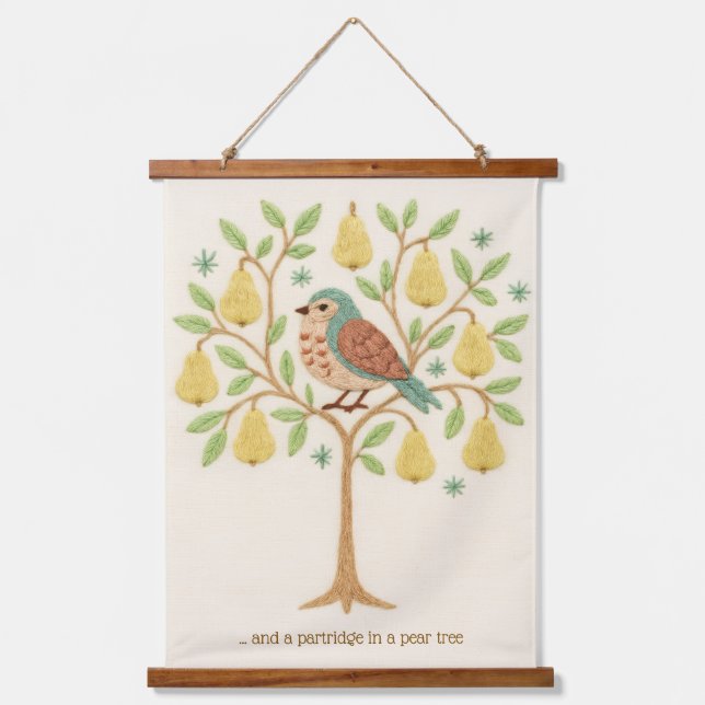 Tapisserie Suspendue Broderie Perdrix de Noël dans un arbre à poires (Recto)
