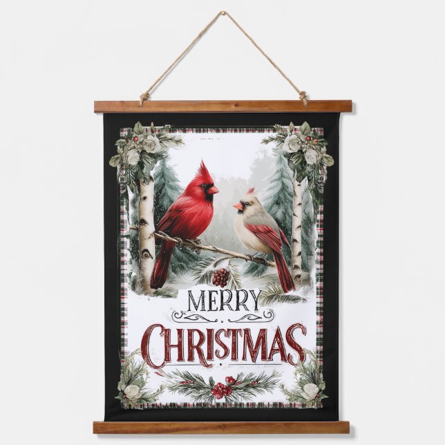Tapisserie Suspendue Cardinals on Birch – Rustic Merry Christmas (Recto)