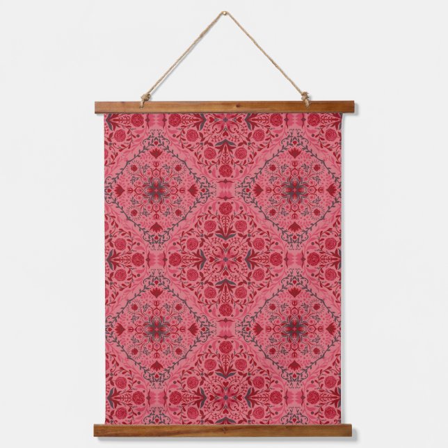 Tapisserie Suspendue Carreaux floraux en rouge et pastèque rose (Recto)