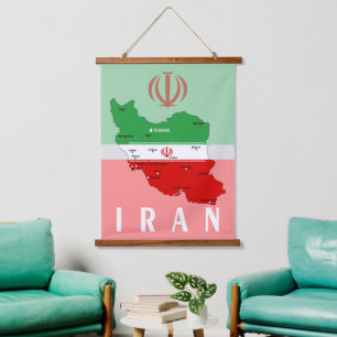 Tapisserie Suspendue Carte de l'Iran avec drapeau et emblème