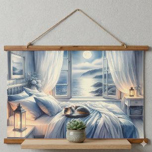 Tapisserie Suspendue Chambre Côtière au Clair de Lune avec Chat Endormi