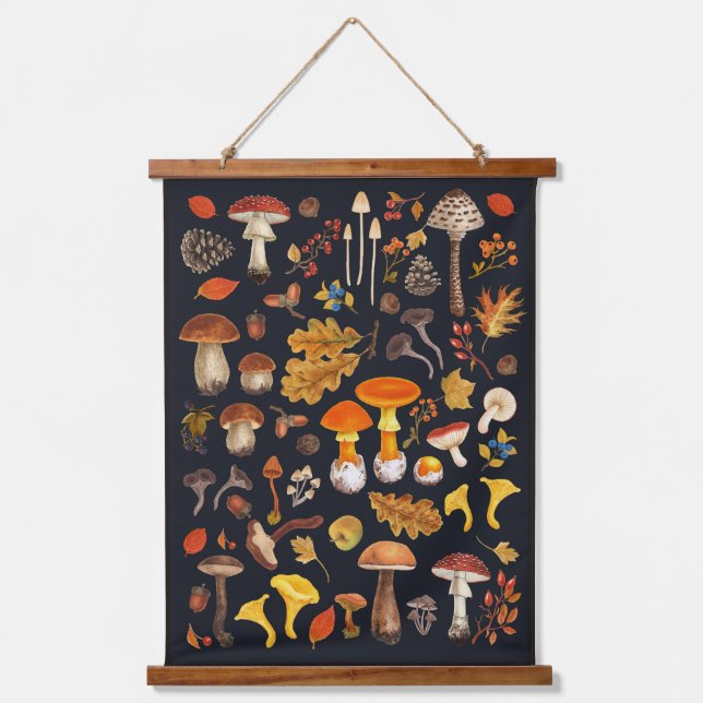 Tapisserie Suspendue Champignons sauvages sur le noir (Recto)
