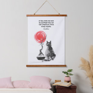Tapisserie Suspendue Chat avec Bonsai et Citation Bouddha
