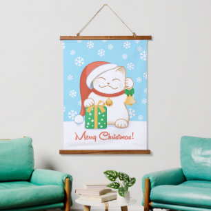Tapisserie Suspendue Chat de Noël blanc dans un Casquette rouge