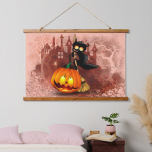 Tapisserie Suspendue Chat effrayé par Citrouille Fun Halloween caractèr