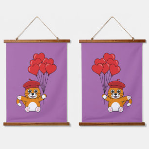 Tapisserie Suspendue Chat mignon avec Ballons de Coeur Rouge