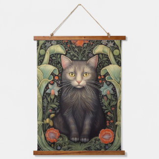 Tapisserie Suspendue Chat noir Art nouveau et fleurs rouges