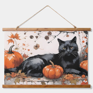 Tapisserie Suspendue Chat noir d'automne avec Citrouille