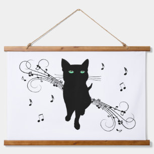 Tapisserie Suspendue Chat noir entouré de notes de musique murmurantes