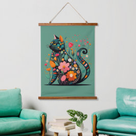 Tapisserie Suspendue Chat noir silhouette faite de fleurs colorées