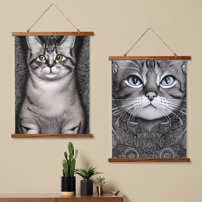 Tapisserie Suspendue Chats bleus et verts Fats noirs et blancs (Asymétrique)