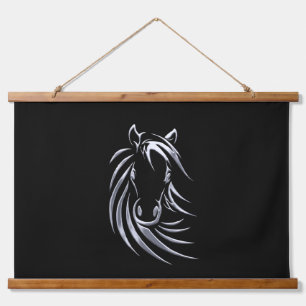 Tapisserie Suspendue Cheval argenté tête sur noir