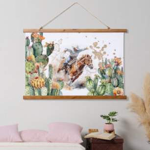 Tapisserie Suspendue Cheval de rodéo occidental cactus d'aquarelle