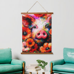 Tapisserie Suspendue Cochon impressionniste dans les fleurs de coquelic