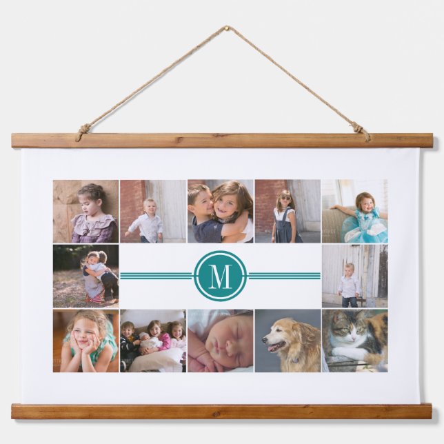 Tapisserie Suspendue Collage photo de 12 photos turquoise monogramme bl (Devant)