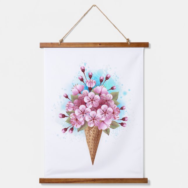 Tapisserie Suspendue Cône rose Sakura crème glacée gaufre (Recto)