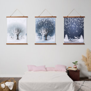 Tapisserie Suspendue Conte de fées de nuit de Noël. Forêt de fantaisie,