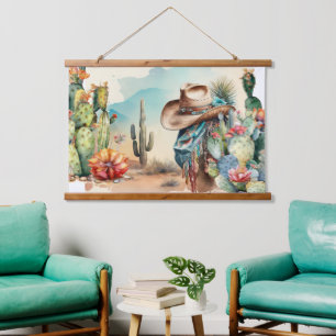 Tapisserie Suspendue Cowboy casquette aquarelle cactus paysage ouest