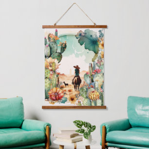 Tapisserie Suspendue Cowgirl désert équitation aquarelle cactus ouest