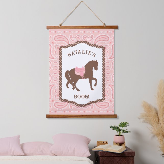 Tapisserie Suspendue Cowgirl rose | Silhouette du cheval | Panneau Cham (Chambre à coucher)