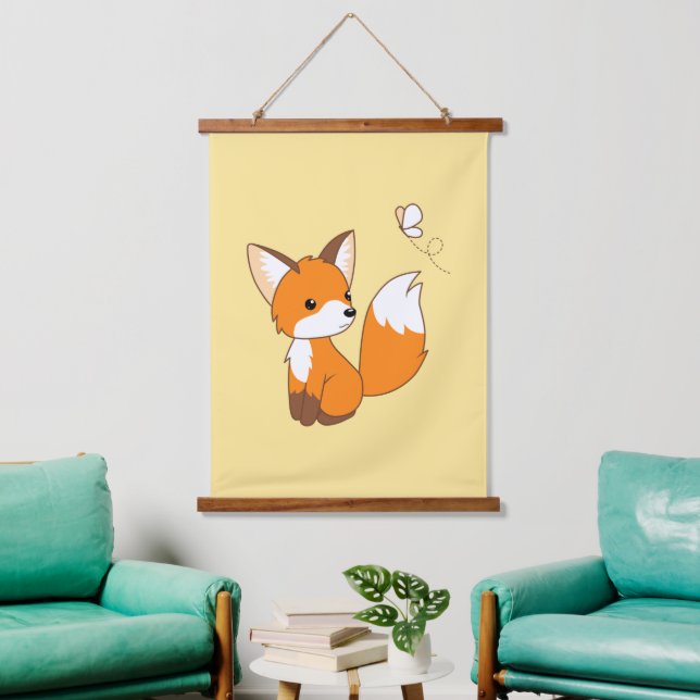 Tapisserie Suspendue Cute Little Fox regarde Papillon jaune (Salon)