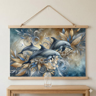 Tapisserie Suspendue Dauphins élégants aux vagues florales dorées