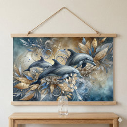 Tapisserie Suspendue Dauphins Élégants avec Vagues Florales Dorées