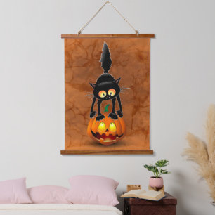 Tapisserie Suspendue Dessin d'Halloween au chat effrayé sur Citrouille