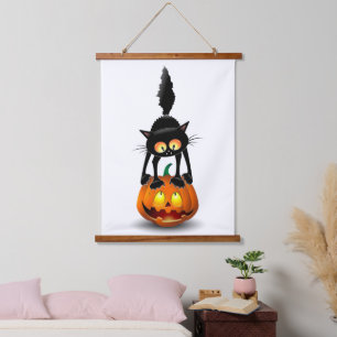 Tapisserie Suspendue Dessin d'Halloween au chat effrayé sur Citrouille