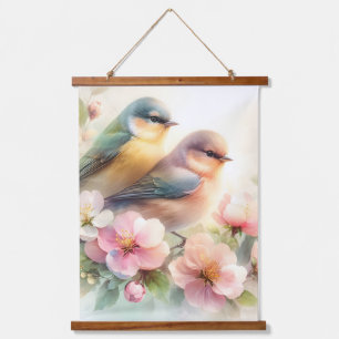 Tapisserie Suspendue Douce Amour Oiseaux Fleurs de Printemps Pastel