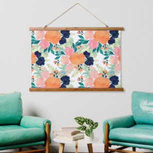 Tapisserie Suspendue Elégant bleu rose orange Fleurs d'aquarelle Floral
