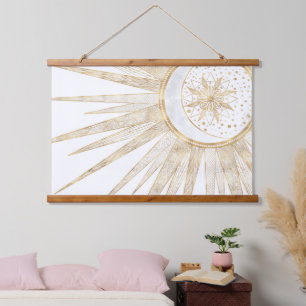 Tapisserie Suspendue Elegant Gold Doodles Sun Moon Mandala Design
