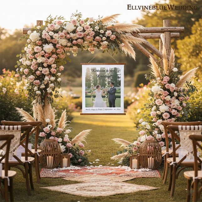 Tapisserie Suspendue Elegant Minimalist Photo Wedding Welcome  (Créateur téléchargé)