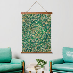 Tapisserie Suspendue Elégant or Floral Mandala Green Design