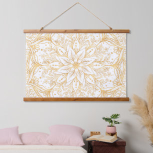 Tapisserie Suspendue Elégante Fleur Or Mandala Design Blanc