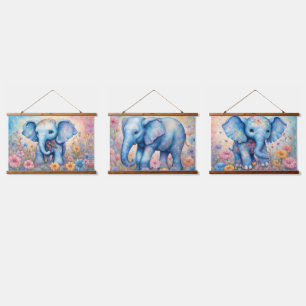 Tapisserie Suspendue Eléphant Bébé mignon dans un jardin pastel Daisy