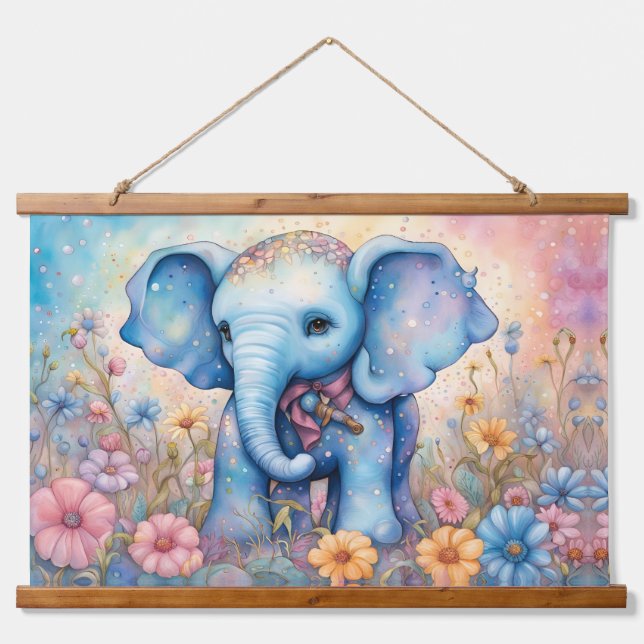 Tapisserie Suspendue Eléphant Bébé mignon dans un jardin pastel Daisy (Devant)