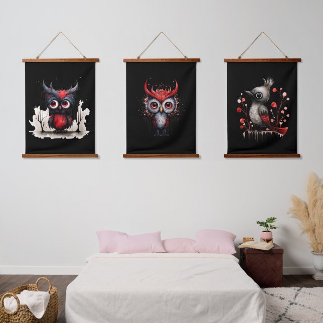 Tapisserie Suspendue Ensemble de trois oiseaux Abstraits noirs et rouge (Chambre à coucher)
