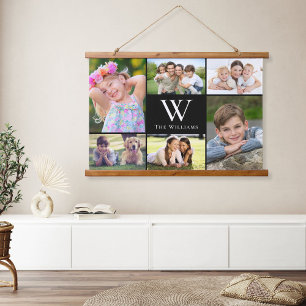 Tapisserie Suspendue Famille 6 Photo Collage Monogramme Noir