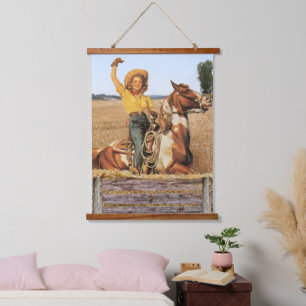 Tapisserie Suspendue Femme Occidentale vintage À Cheval Agitant