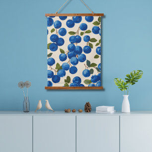 Tapisserie Suspendue Feuilles de myrtille rétro vintage bleu chic éléga