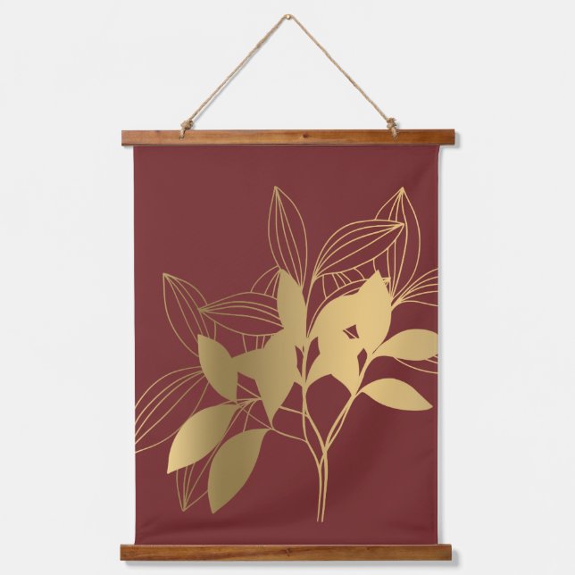 Tapisserie Suspendue Feuilles d'or moderne en rouge (Recto)