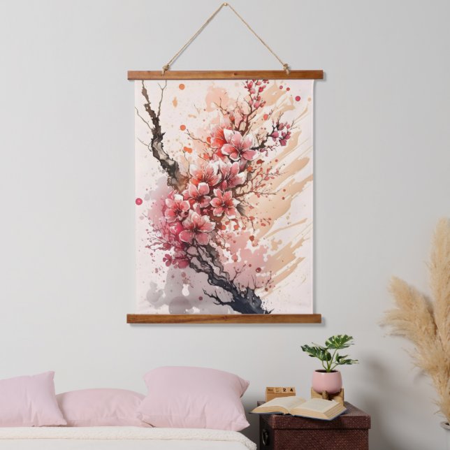 Tapisserie Suspendue Fleurs Aquarelles Rose Rouge Fleur de Cerisier Flo (Chambre à coucher)