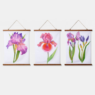 Tapisserie Suspendue Fleurs d'Iris aquarelle rose violet bleu