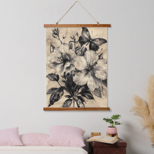 Tapisserie Suspendue Fleurs et papillons rustiques - Papier vieilli (4)