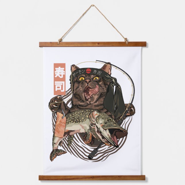 Tapisserie Suspendue Funny Chat Pêche Japonaise (Recto)
