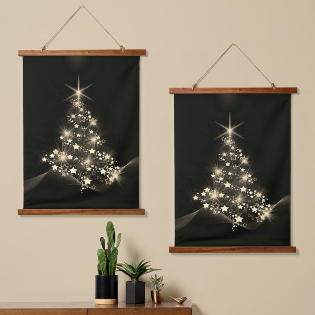 Tapisserie Suspendue Golden Shine of Stars on Christmas Tree Dark  (Asymétrique)