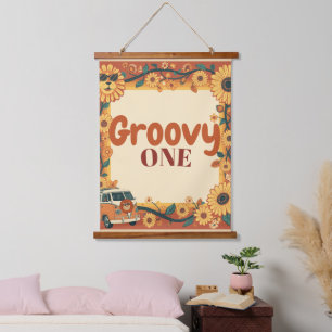 Tapisserie Suspendue Groovy Un Lion Anniversaire Rétro 70s Premier Anni