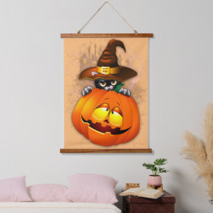 Tapisserie Suspendue Halloween Cute Kitty Witch et ami Citrouille